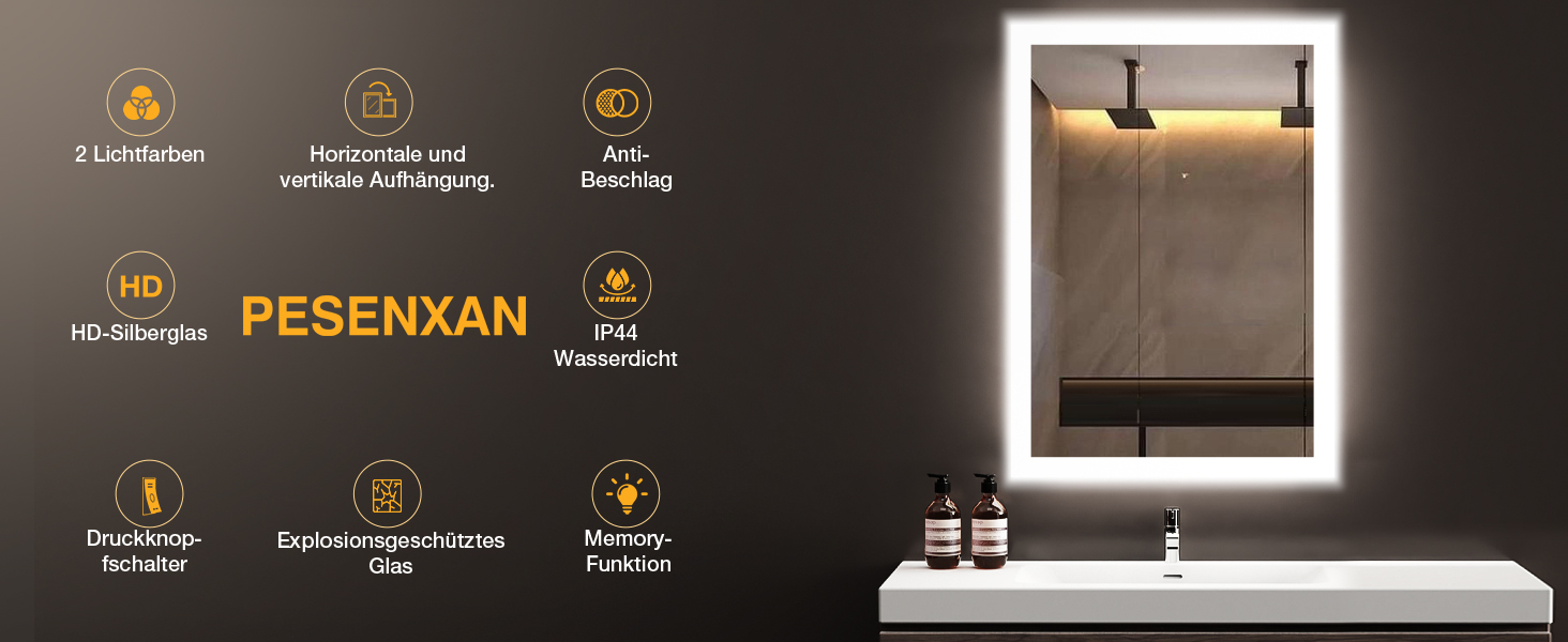 Дзеркало для ванної кімнати з підсвічуванням 50x70 см, LED, антизапар, 2 кольори світла (3000K/6500K), прямокутне, без рами