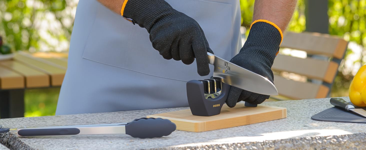 Deiss PRO 3-ступеневий точило для ножів кухонних та кишенькових - професійний точило для ножів шеф-кухаря, мисливських та керамічних - безпечне відновлення та полірування гострих лез (ORANGE)