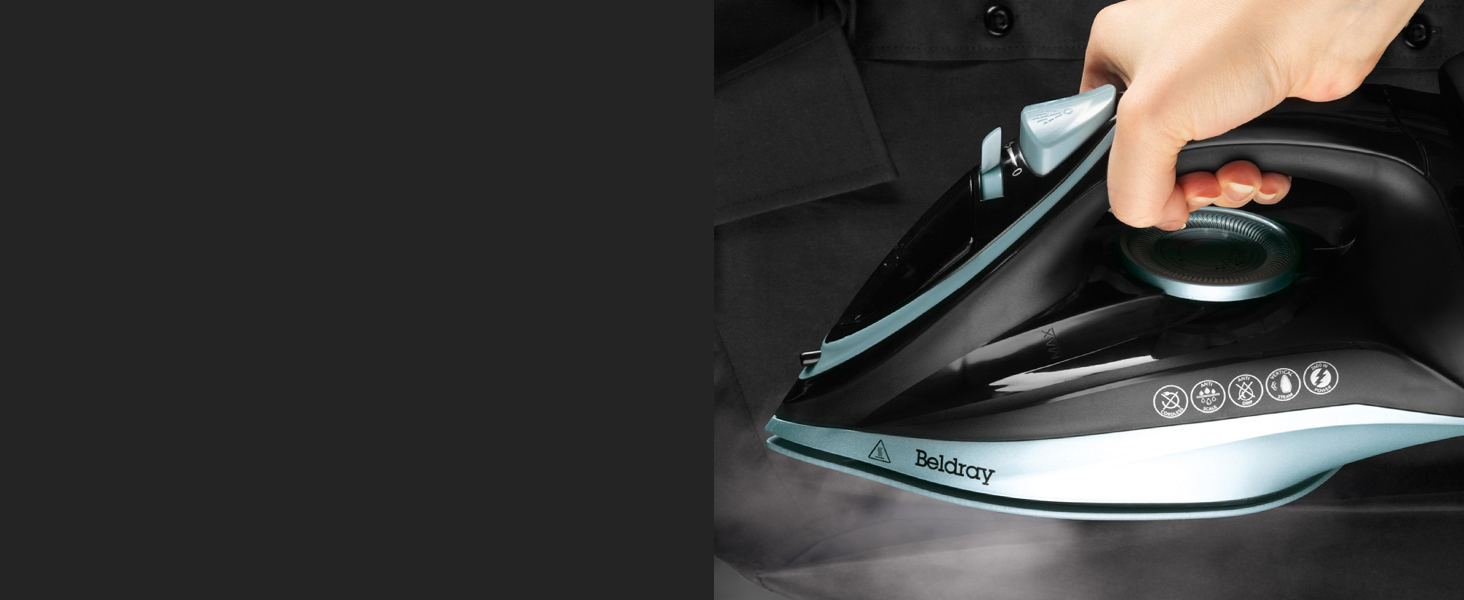 Праска Beldray 2600 Вт – керамічна підошва з антипригарним покриттям, регулювання температури та пари, самоочищення, резервуар 280 мл, до 140 г/хв, висока потужність (EU-штепсель, блакитний)