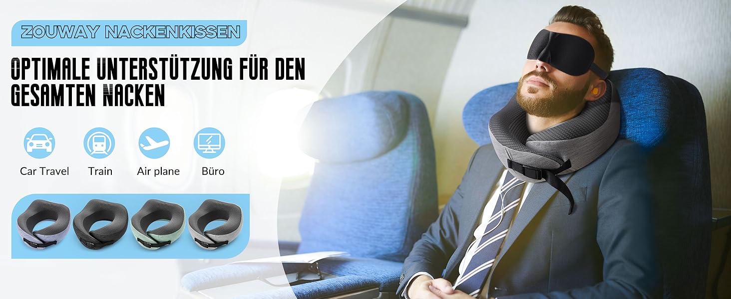 Подушка для шиї у літак, подорожі: Memory Foam, регульована, компактна, з чохлом, навушники, маска для сну (темно-сірий)