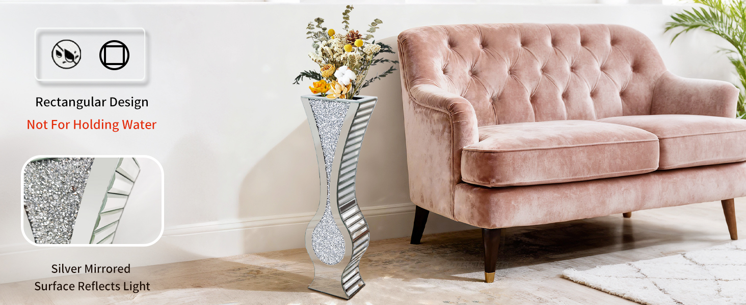 Ваза для квітів велика 68 см, підлогова ваза: срібна ваза з кристалами для пампас трави, скляна ваза з дзеркальним покриттям, декоративна ваза з блискітками для вітальні, декор інтер'єру – не для води (21.5L x 13B x 68.5H cm)