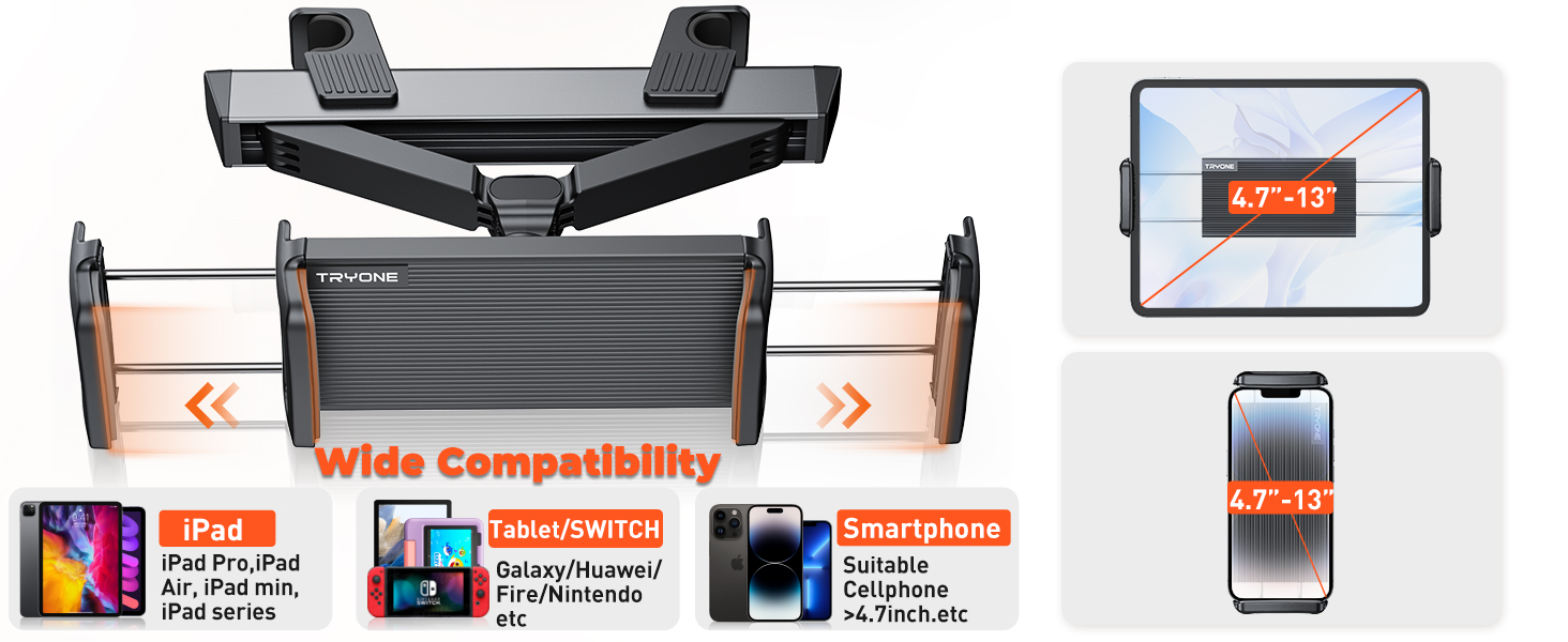Тримач для планшета в авто Tryone - кріплення на підголівник, 360° обертання, сумісний з iPad, Smartphone, Switch, Tabs, 4.7-13 дюймів
