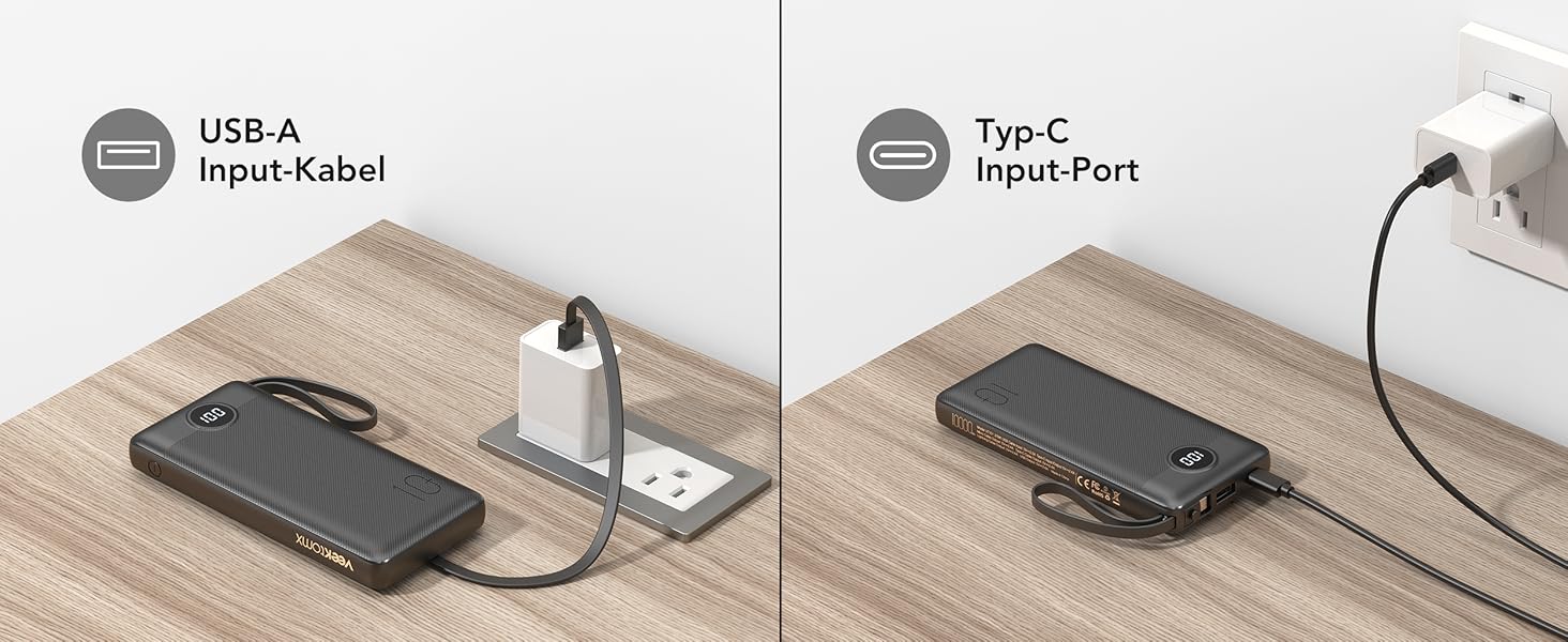 Power Bank 10000mAh з 5 виходами та 2 входами, LED дисплеєм та вбудованими кабелями. Сумісний з iPhone, iPad, Samsung, Xiaomi, Google Pixel. Чорний