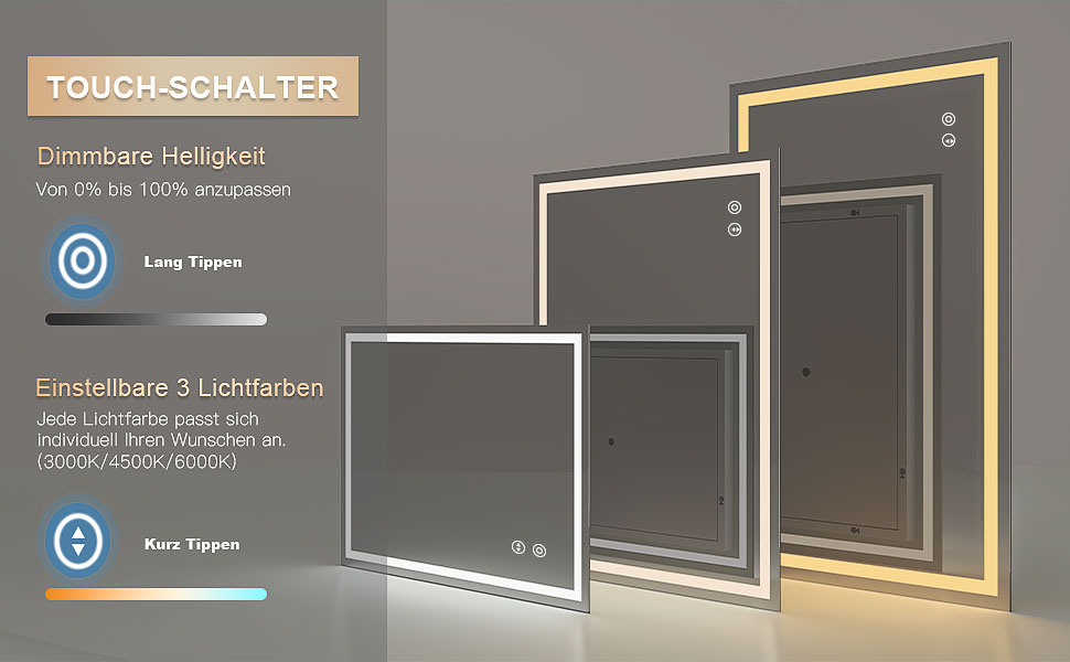 Дзеркало для ванної кімнати Dripex LED з підсвічуванням, сенсорне керування, регулювання яскравості, 3 кольори світла, антизапарник, 50x70 см