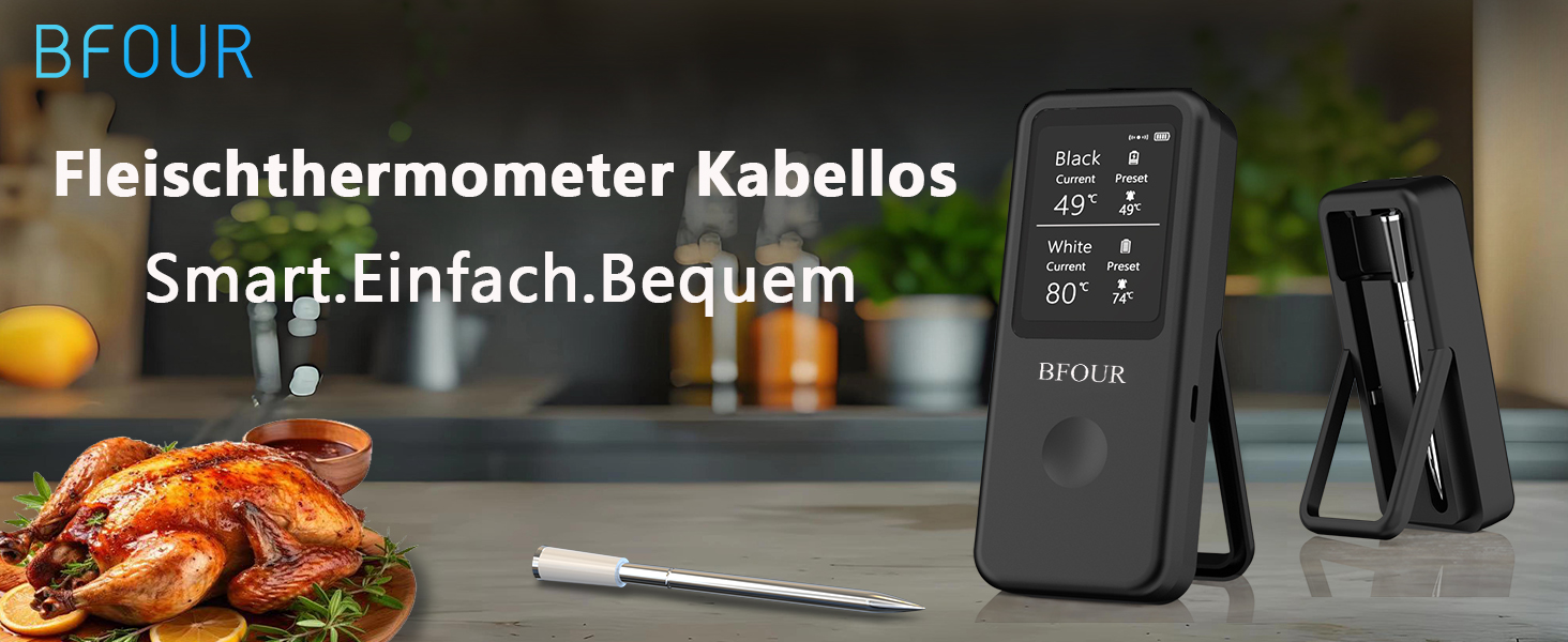 Бездротовий термометр для м'яса BFOUR з Bluetooth, подвійний зонд, водонепроникний IP67, додаток, для гриля, духовки, ростера