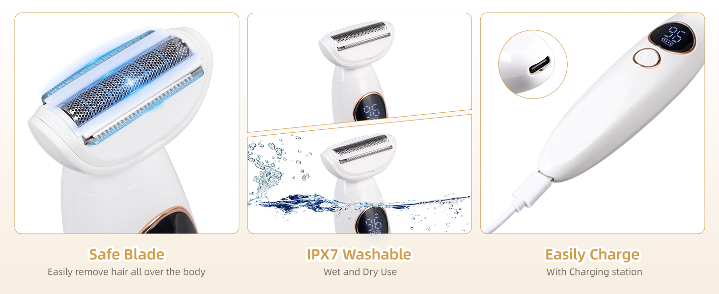 Електричний жіночий тример Carehabi 5-в-1 для тіла, обличчя та бікіні. Вологостійкий (IPX7) з USB-станцією.