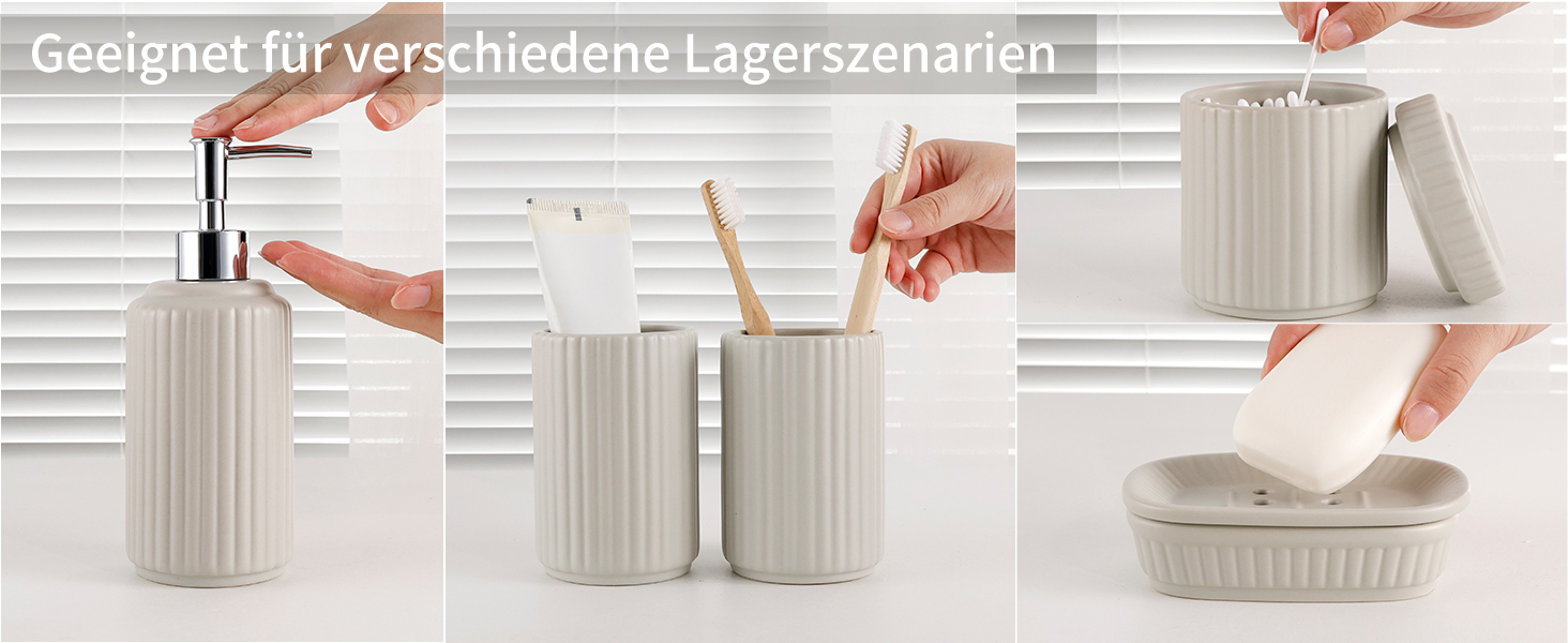 Набір для ванної кімнати NOVAJOY, кераміка, 5 предметів: мильниця, дозатор мила, тримач для зубних щіток, контейнер для ватних паличок, декор для ванної кімнати преміум-якість (абрикосовий сірий)