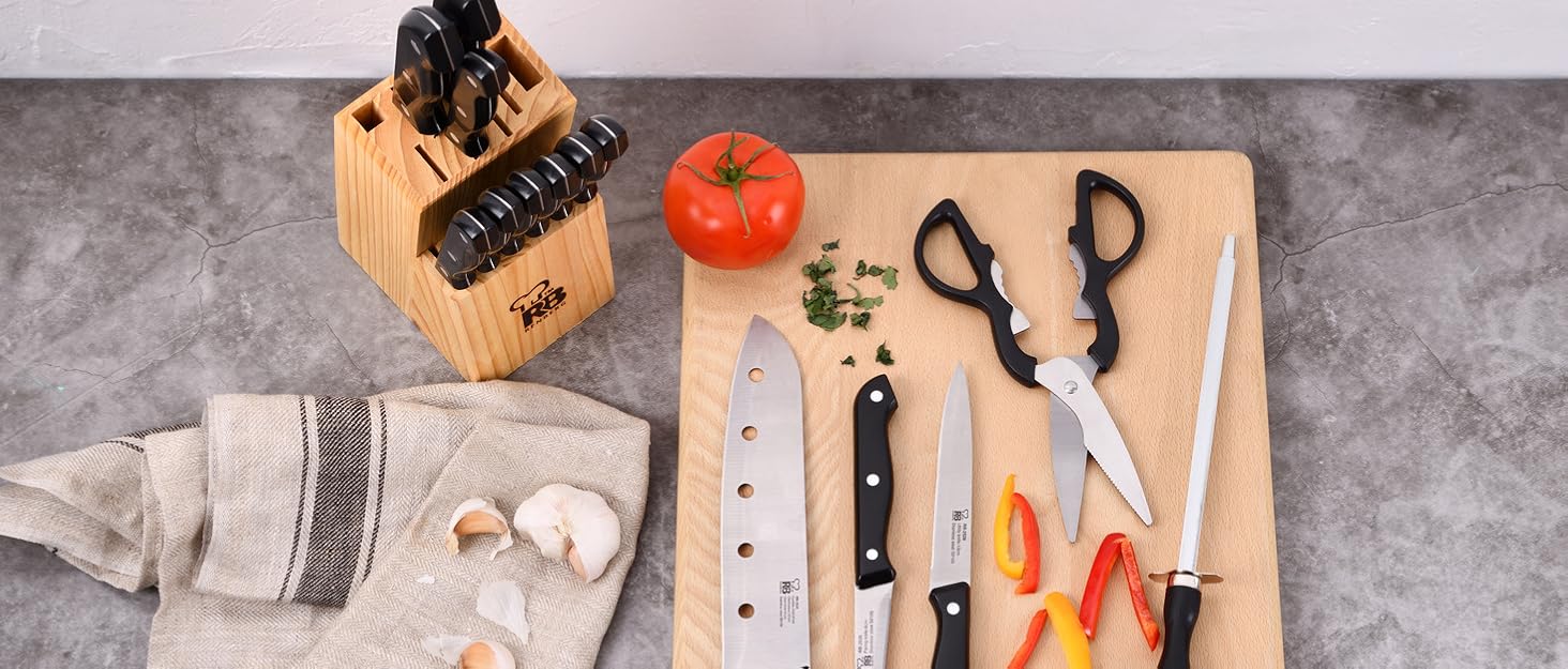 Набір кухонних ножів RENBERG Tenessy 15 предметів з дерев'яною ручкою | Набір професійних ножів з нержавіючої сталі