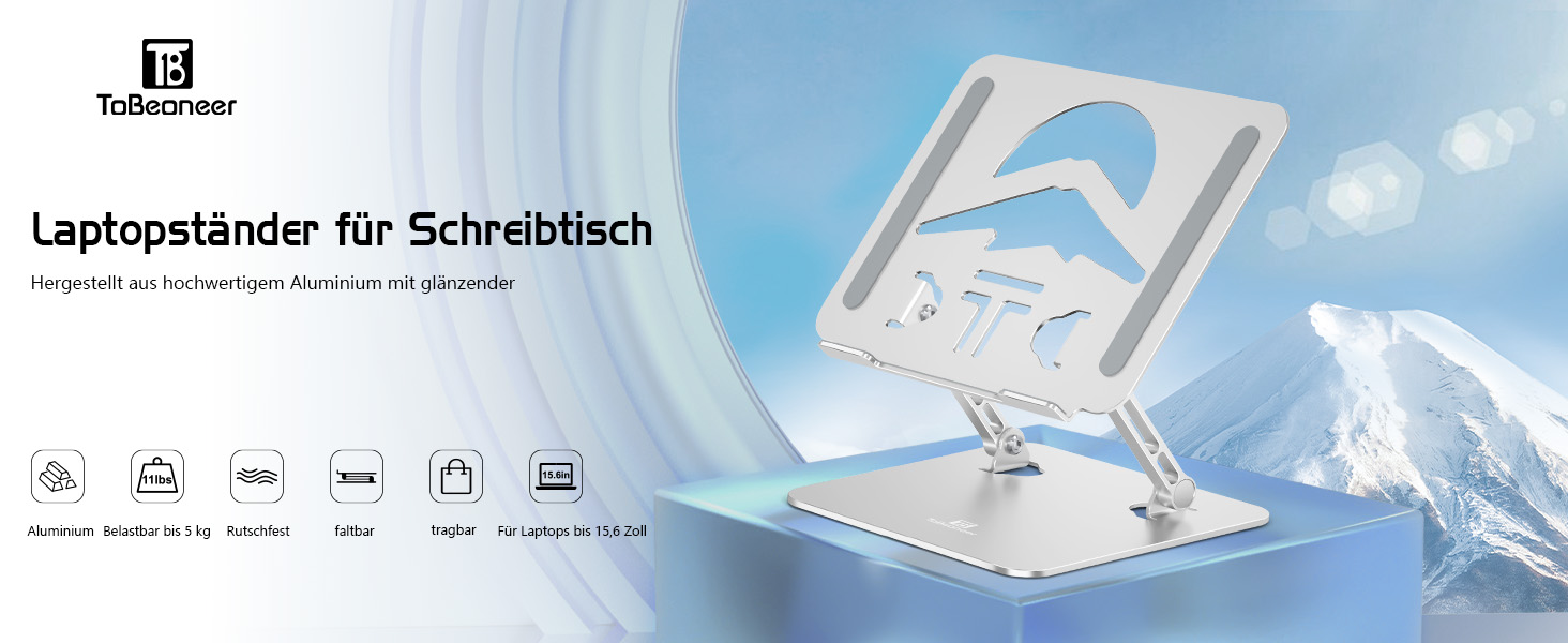 Підставка для ноутбука Ergonomic з алюмінію, регульована по висоті та складна, стабільна та з неслизьким покриттям, покращена вентиляція, сумісна з MacBook (до 15,6 дюймів), срібна