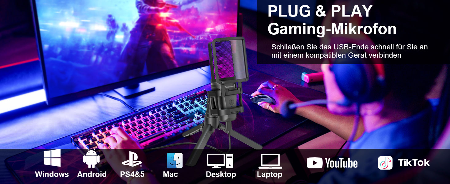 Zealsound USB Мікрофон для ПК та телефону – RGB, з регулюванням гучності, поп-фільтром, тримачем, та 2 адаптерами для подкастів, стрімінгу, Discord, YouTube, TikTok A68