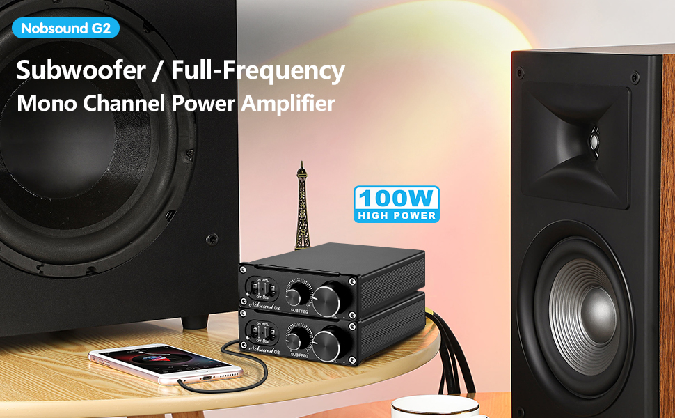 Підсилювач сабвуфера Nobsound G2, 100 Вт, моно, для пасивних сабвуферів та бас-шейкерів, з регулятором гучності, домашній аудіо підсилювач