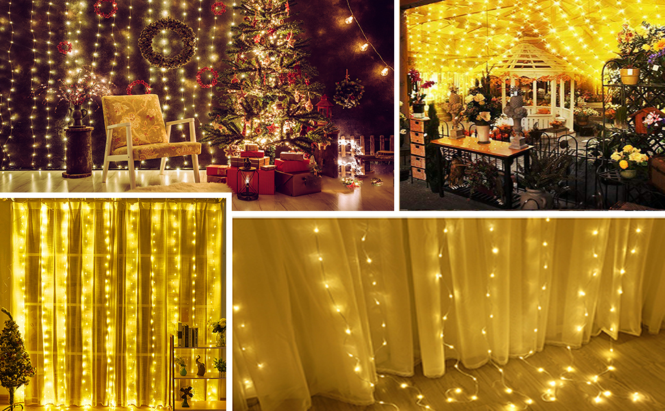 Лампочки-завіса 3x3м, 300 LED, USB, 8 режимів, пульт, IP65, тепле світло, для декору, свята, вечірки