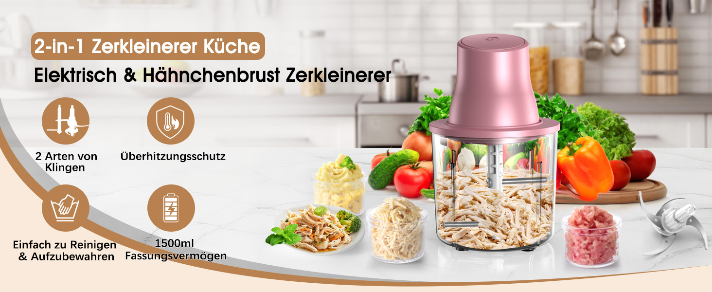 Електричний подрібнювач Zerkleinerer 1.5л для кухні: м'ясорубка, шинковка для овочів, подрібнювач для дитячого харчування (Рожевий)
