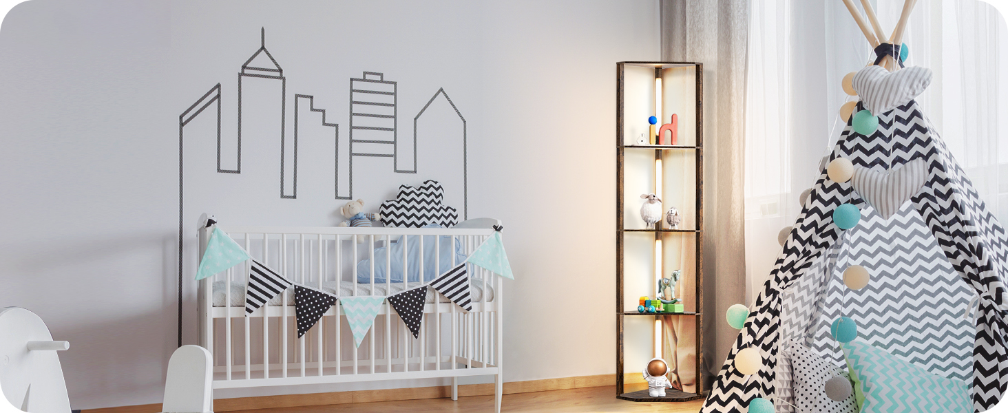 LED торшер EDISHINE з 4 дерев'яними полицями, регульоване освітлення, 3 колірні температури, поворотний світловий стержень, підсвічування полиць, футовий вимикач, вінтажний коричневий