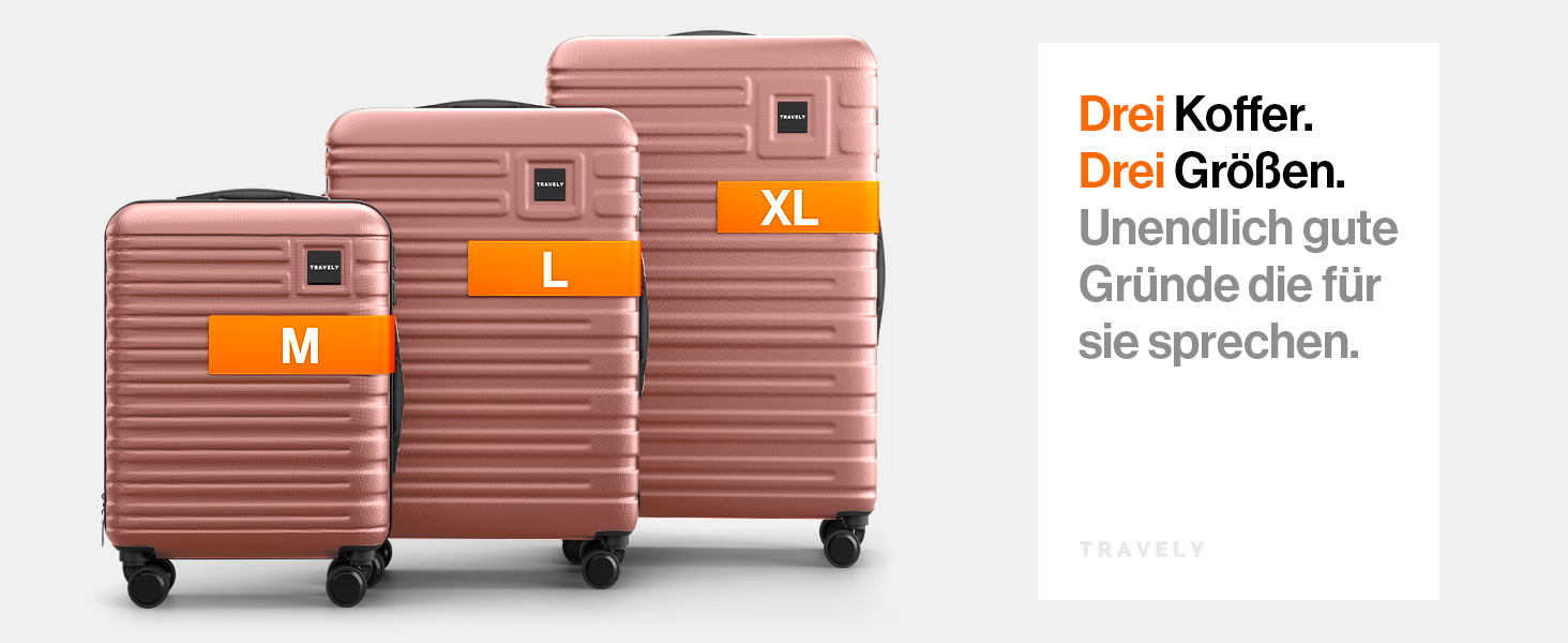 Набір валіз Travely з полікарбонату: 77см, 67см, ручна поклажа, TSA-замок, рожеве золото