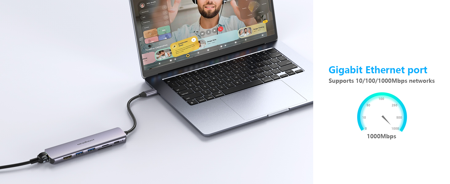 Док-станція для ноутбука Newmight з двома HDMI, підтримка 2 моніторів 4K, Ethernet 1 Gbps, PD 100W, 3 USB 3.0, SD/TF Reader, USB-C, для HP/Dell (сіра)