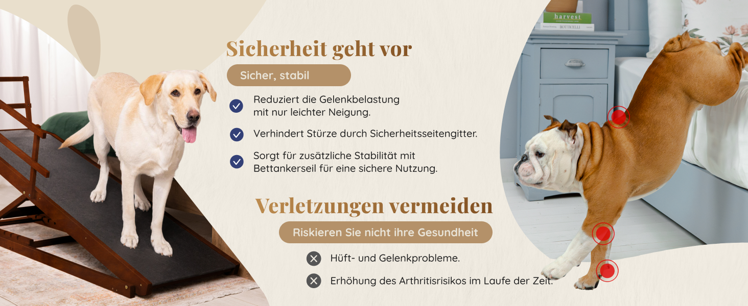 Східці для собак до ліжка з огорожею - для великих собак до 90 кг - регульована висота до 94.5 см - ширина 49.5 см - складаються - антиковзні ручки - з берези - колір натуральний (волоський горіх)