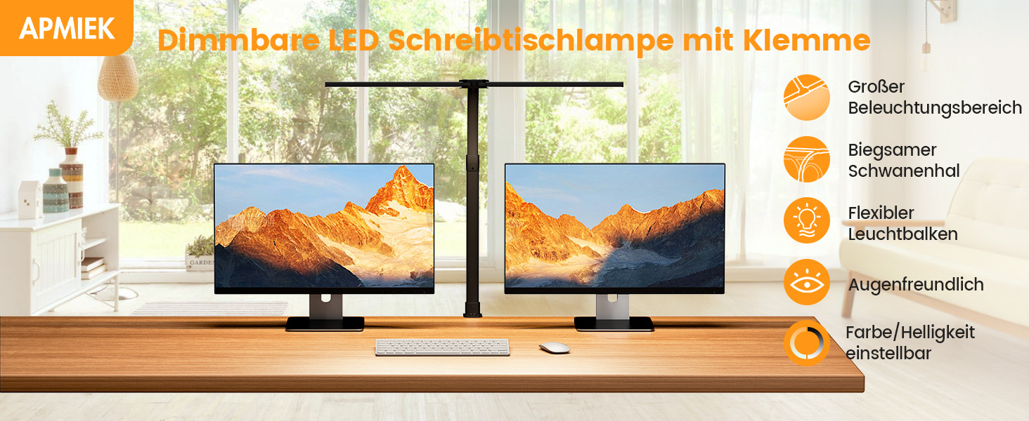 APMIEK LED лампа для столу з LED, 24W, 76 см, кріплення, для home office, 3200K-6500K, регульована, для офісу, захист очей, для робочого місця, монітора, ПК (чорна)
