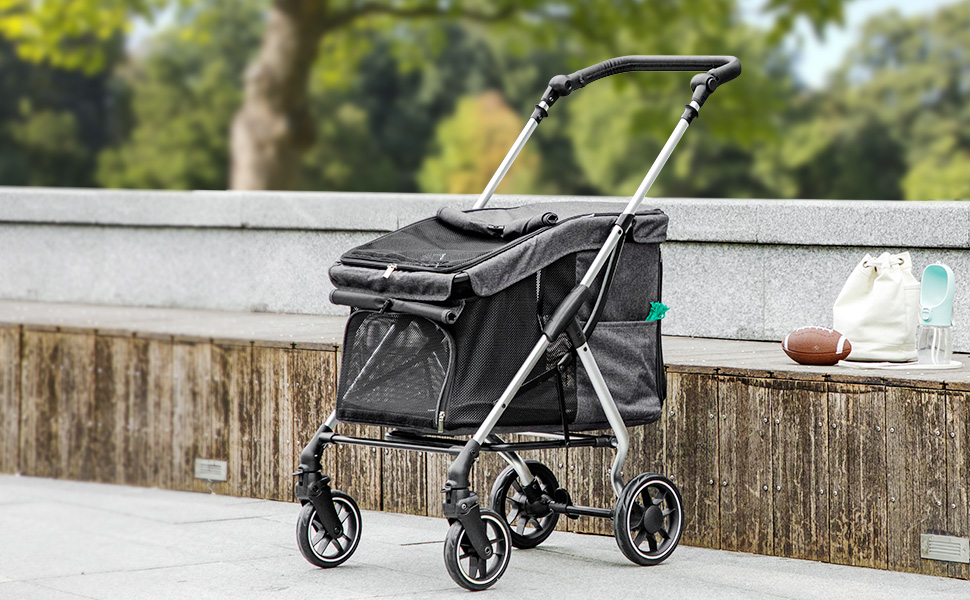 Візок для собак PawHut: легкий алюмінієвий, складаний, сірий, з подушкою, сіткою та кошиком для зберігання