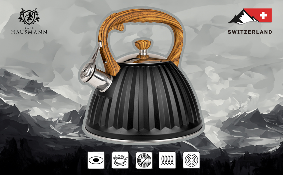 Чайник для води Karl Hausmann Induktion 3L, чорний, з автоматичним свистком, нержавіюча сталь, для всіх типів плит