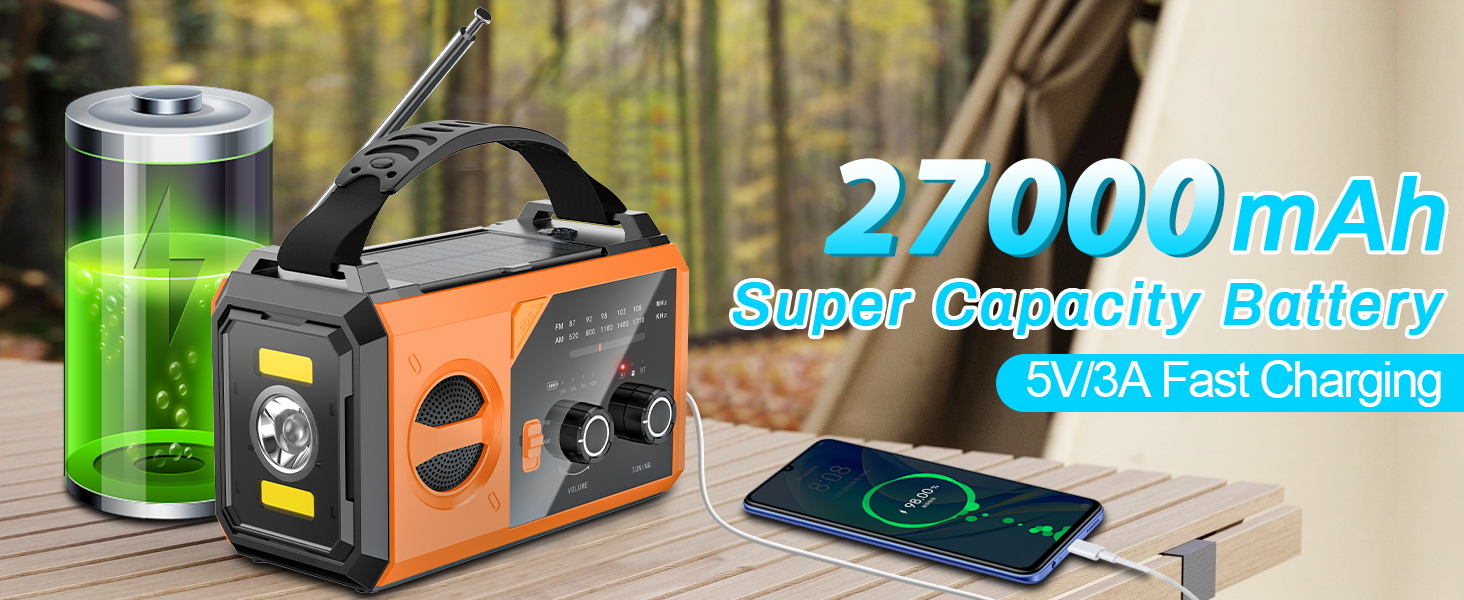 Радіо Kurbelradio на 27000mAh з Bluetooth, сонячне радіо з зарядкою для мобільного телефону, AM/FM портативне аварійне радіо, ліхтарик, зарядний пристрій та комплект для аварійних ситуацій Blackout, для кемпінгу та будівельних майданчиків, помаранчевий