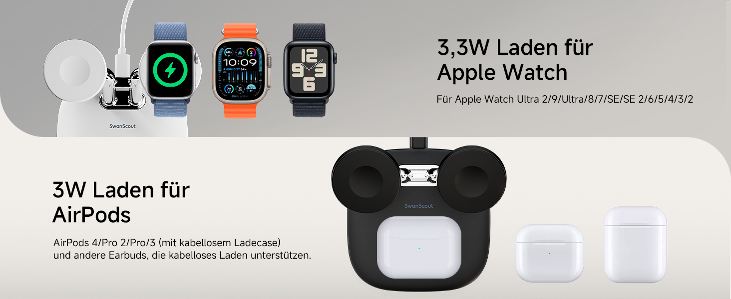 Зарядний пристрій SwanScout для Apple Watch 10/Ultra/9/8/7/6 та AirPods Pro (704A, 3.3W, чорний)