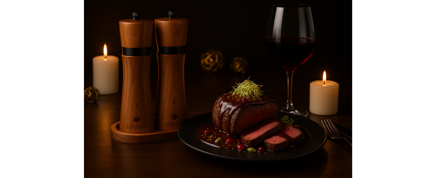 Дерев'яна мельниця для солі та перцю LORELEY® Mittelrhein Germany з керамічним механізмом – з підставкою та пензлем – у подарунковій коробці. Ідеальний подарунок на весілля або новосілля (Deluxe з нержавіючої сталі)