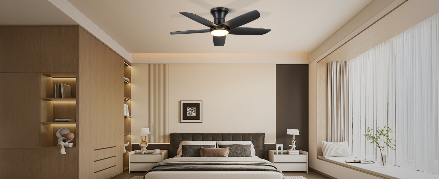 Стеляний вентилятор Ohniyou з підсвіткою та пультом дистанційного керування, 117 см, керування через додаток, регулювання яскравості, тихий DC-двигун, для спальні, тераси, кухні, чорний