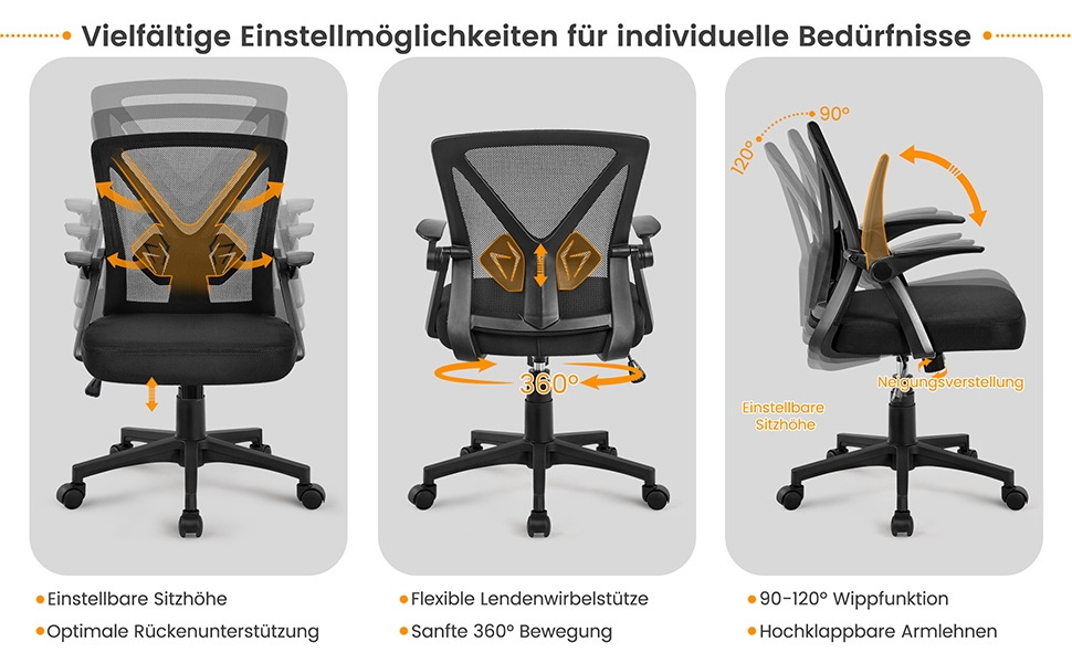Офісне крісло Yaheetech з підйомними підлокітниками, сітчасте, ергономічне, з підтримкою попереку, функцією гойдання та регулюванням висоти (Чорний)