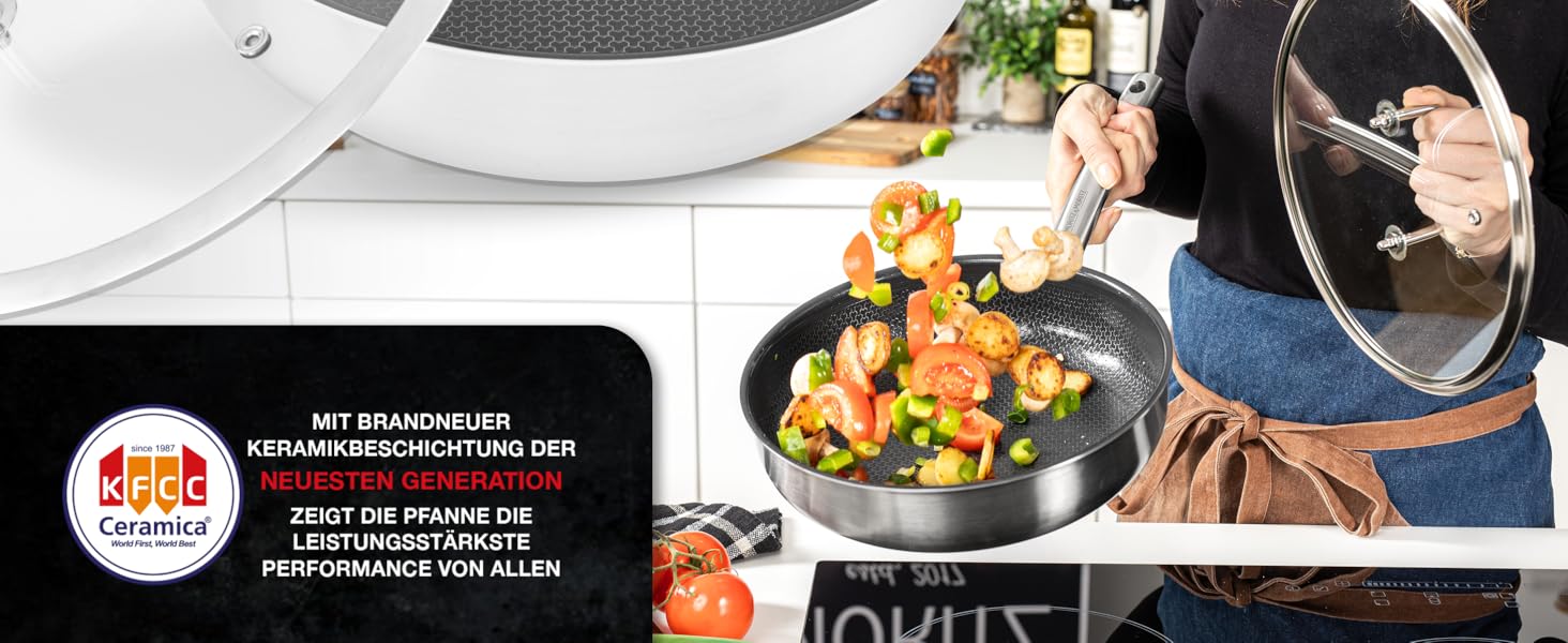 Сковорода Moritz & Moritz антипригарна 28 см індукційна з керамічним покриттям та стільниковою структурою. Сковорода з нержавіючої сталі з високими бортами, підходить для всіх видів плит (з кришкою, Ø 24 см)