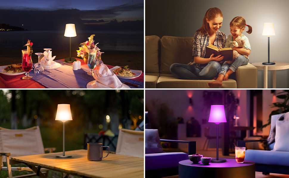 LED Настільна лампа акумуляторна бездротова 2 шт, сенсорна, 3 кольори світла + RGB, димування, USB-C, IP54, для спальні, вулиці, ресторану, бару