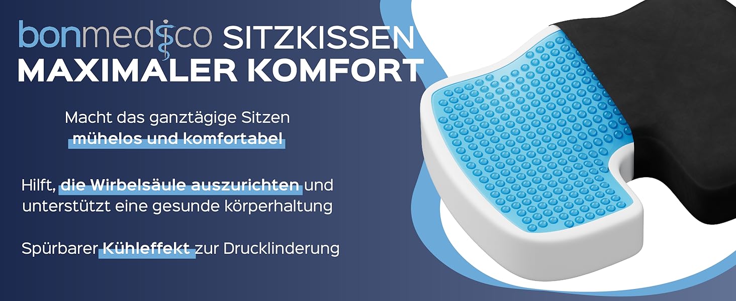 Ортопедична подушка для сидіння Bonmedico з Memory Foam Gel - для авто, офісу, інвалідного візка. Чорний велюр (Стандарт)