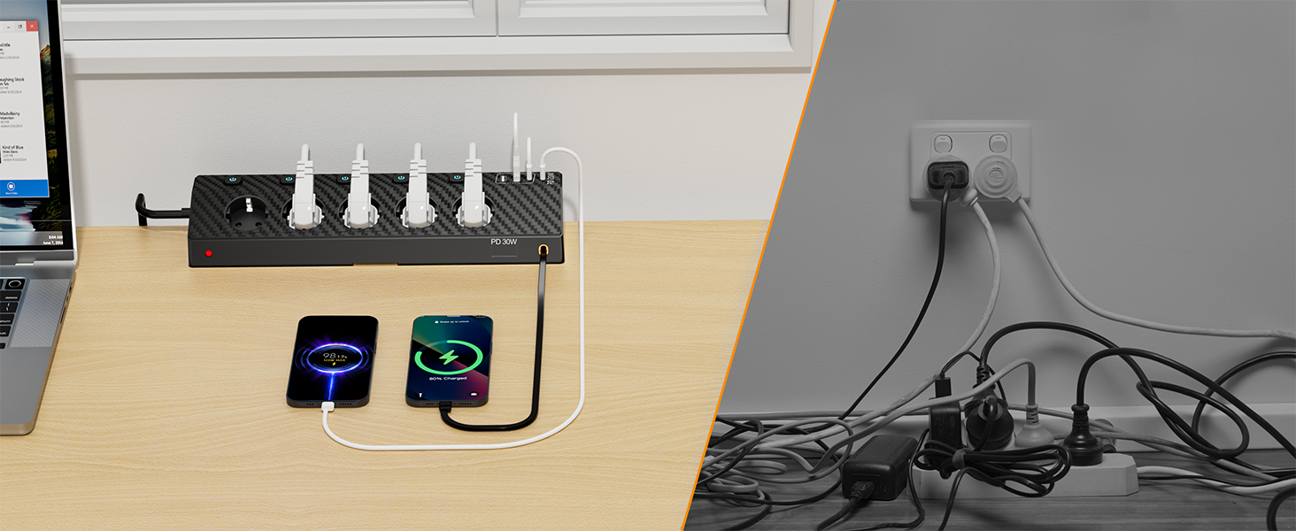 Мережевий адаптер Passus 5-фазний з 2 USB-C (PD 30W), захист від перенапруги, індивідуальне вмикання, 10-в-1, кабель 2м, чорний