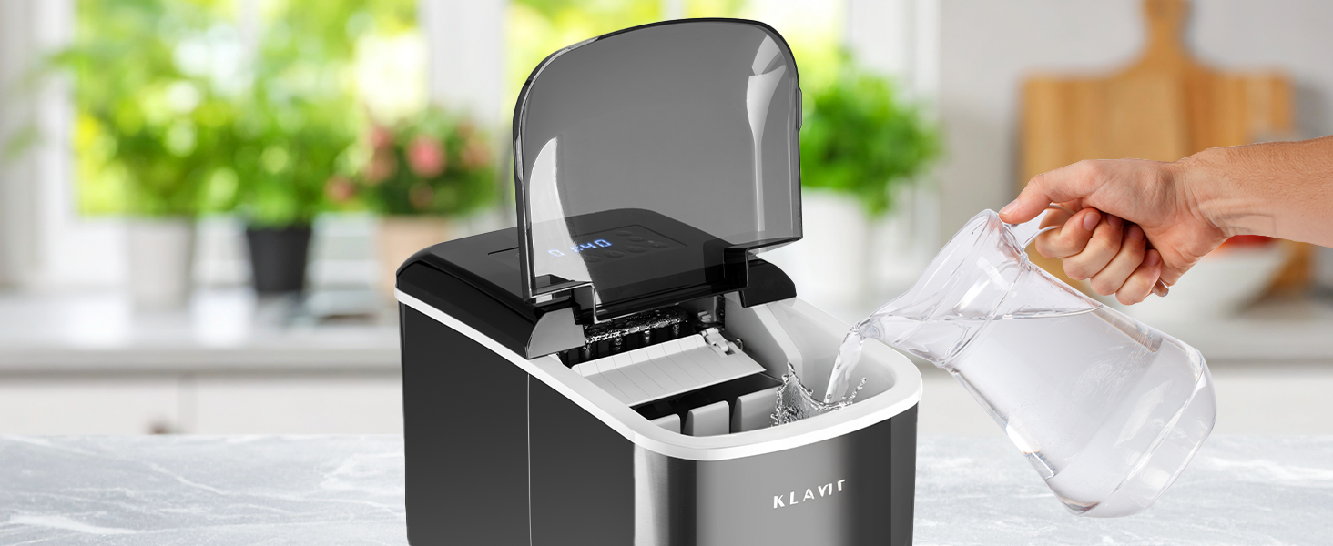 Машина для приготування льоду KLAMER, 2.1 л, чорна: тиха, з таймером, 15 кг/день, 2 розміри кубиків льоду