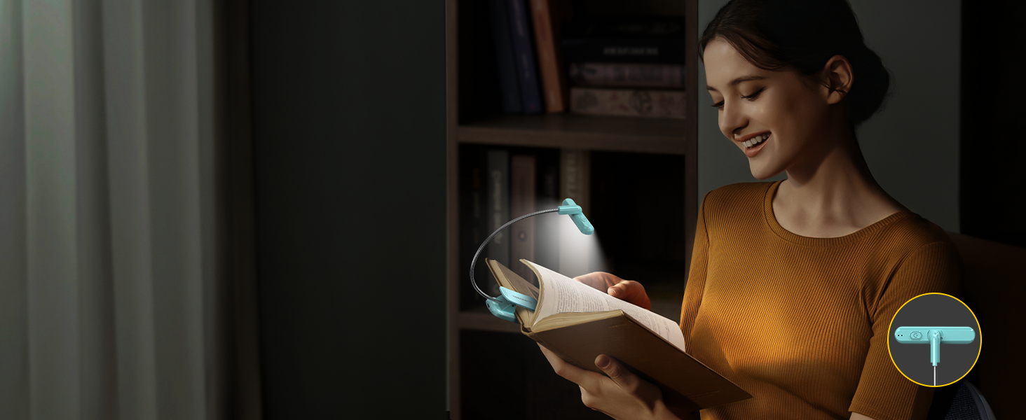 LED лампа для читання Glocusent з кріпленням на книгу, 22 світлодіоди, таймер, регулювання яскравості та кольору, акумулятор 1000 mAh (до 100 годин), для книголюбів, блакитна