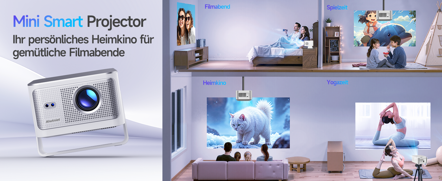 Проектор Alwtniet Mini Beamer 4K 8K з Android 14, WiFi 6, Bluetooth 5.4, Автофокус та Автокорекція, 180° поворот, для домашнього кінотеатру, HY350MAX