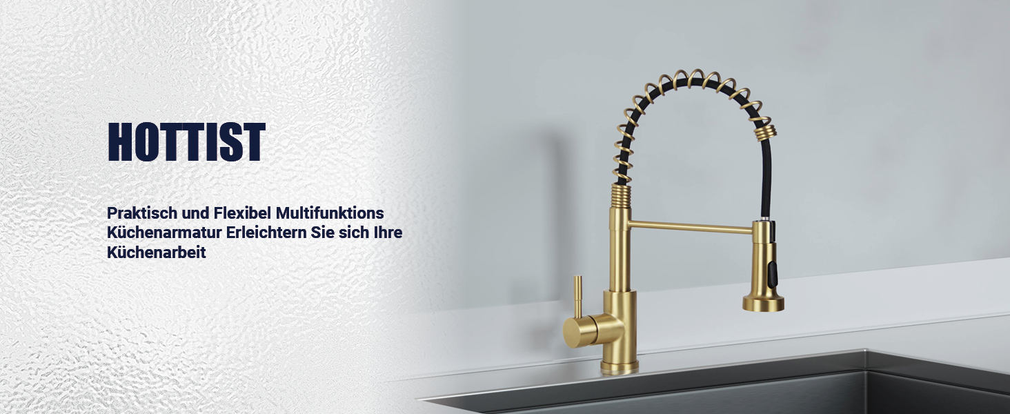 Чорний кухонний змішувач з висувною лійкою, високий поворотний вилив, 2 режими розпилення, шланговий, нержавіюча сталь, матове золото