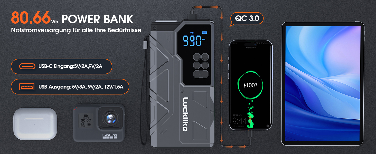 Powerbank з компресором Lucklike для авто, 4000A, LED-ліхтарик, бустер для 10.0л бензинових та 8.0л дизельних двигунів, підходить для SUV, мотоциклів та газонокосарок