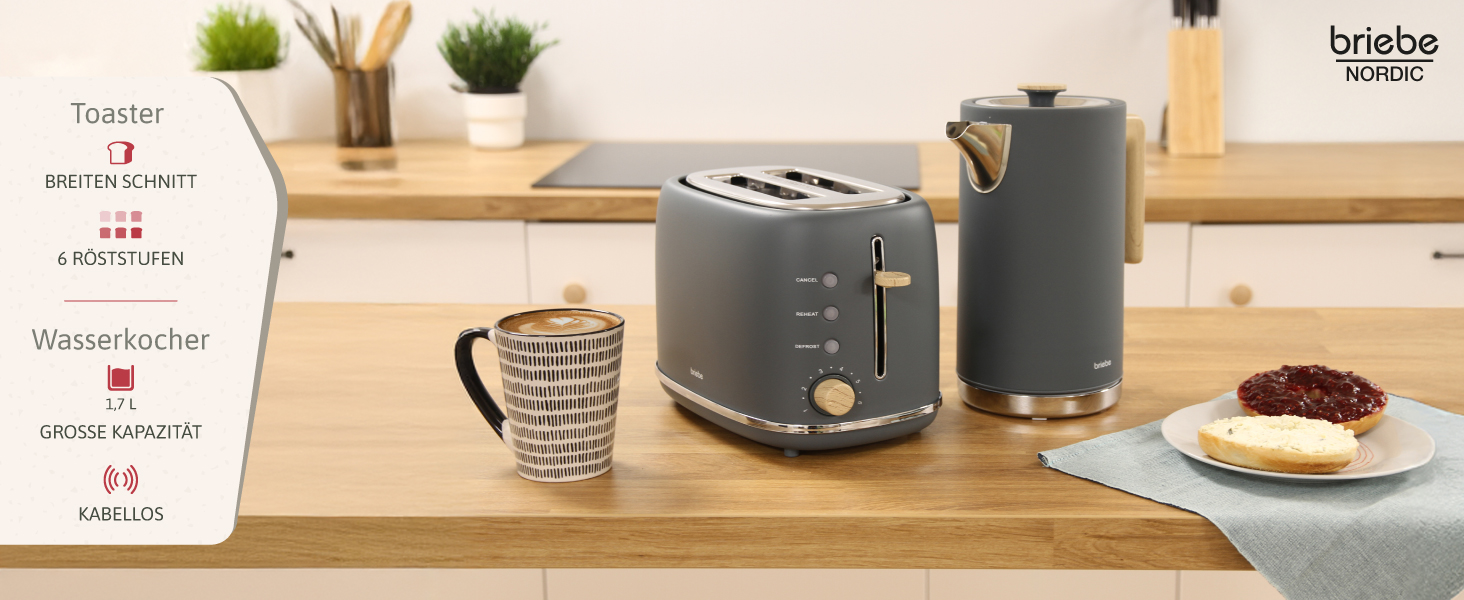 Тостер Briebe Nordic Set з водоваркою 1.7л, 2 відділення, 6 режимів підсмажування, сірий, BPA-free