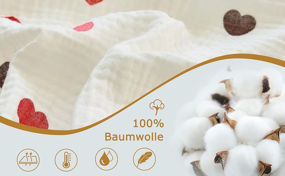 Муслінова постільна білизна для дитячого ліжечка: комплект для малюків та дітей (100x135cm + 40x60cm, сердечка)