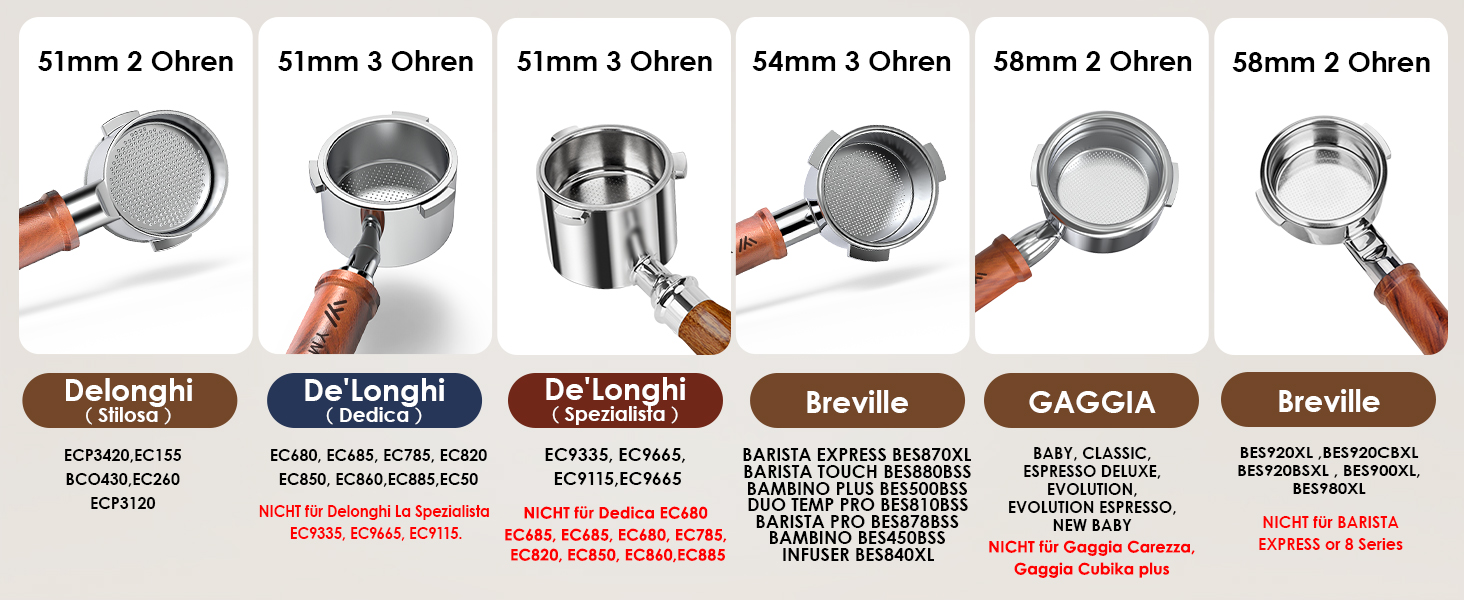 Портфільтр з 3 вушками для кавомашини De'Longhi La Specialista, 51 мм, моделі EC9335, 9155, 9355, 9665, нержавіюча сталь, дерев'яна ручка з горіха