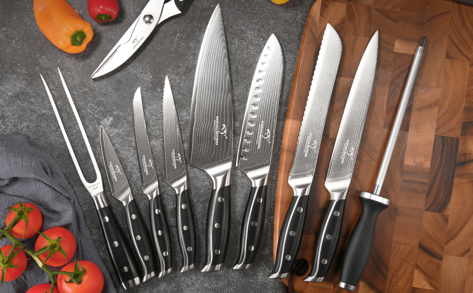 Nanfang Brothers 18-Piece Damascus Kitchen Knife Set with Hammered Handles & Wood Block - Premium Quality Steel Blades