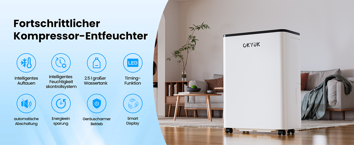 Електричний осушувач повітря OKYUK 12L з цифровим дисплеєм, для дому 40м², з автовимкненням, для RV, ванної кімнати, підвалу (білий)