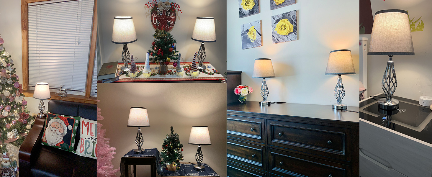 Настільна лампа Kakanuo 2 шт. з USB зарядкою, диммуванням та LED-лампочками, сірий абажур. Сучасний дизайн для спальні, вітальні, офісу.