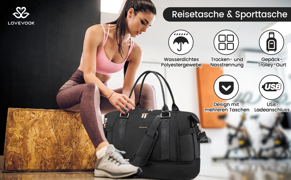 Спортивна сумка LOVEVOOK для подорожей: жіноча дорожня сумка-мішок, weekender, з органайзером, відділенням для взуття та мокрих речей, водонепроникна, 42L, чорна