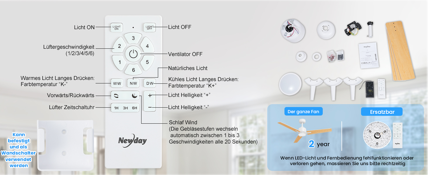 Deckenventilлятор Newday з підсвіткою та пультом керування, 122 см, дерев'яний, з DC мотором, для спальні/вітальні