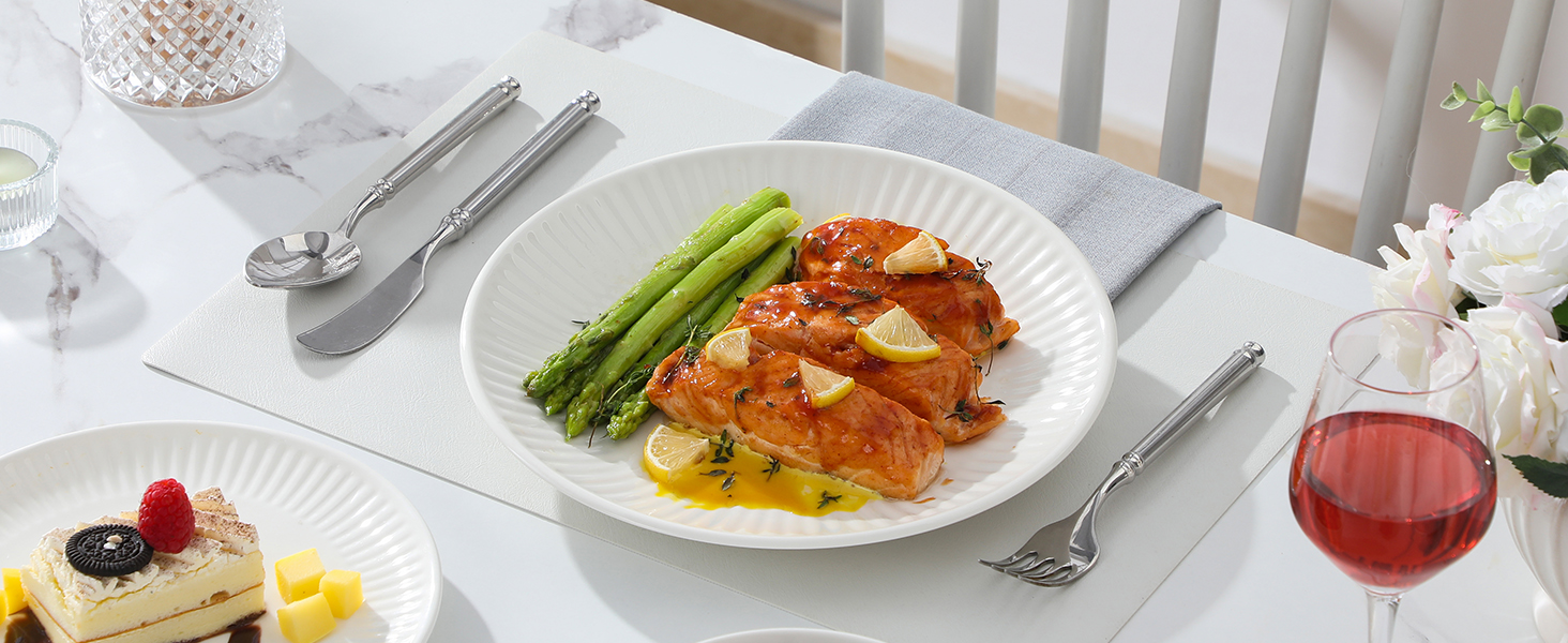 Набір посуду Malacasa Leila для 6 осіб, 24-елементний сервіз з порцеляни з ручним рельєфним дизайном, білий. Підходить для мікрохвильової печі та мийки посуду.