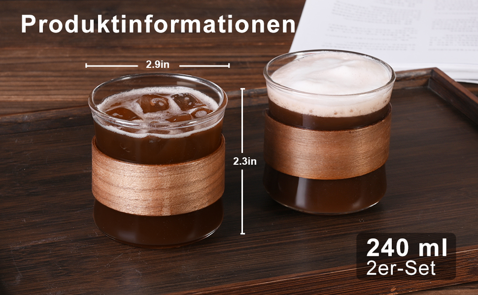 Набір чашок для еспресо ParaCity, 2 шт. з дерев'яним кільцем, склянка для еспресо та шнапсу з боросилікатного скла, прозора маленька чашка для еспресо, аксесуари для еспресо (240 мл)