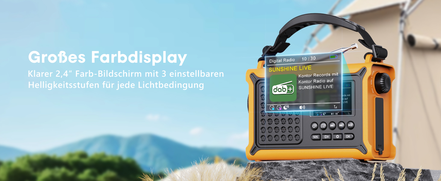ROCAM Радіоприймач на ручку DAB+/UKW, портативне аварійне радіо з сонячною панеллю 8500 мм² та ручкою 650mA, цифрове радіо з Bluetooth, 2.4' кольоровий дисплей, 80 станцій, SOS, LED ліхтарик, USB, IPX6 для кемпінгу (Жовтий)