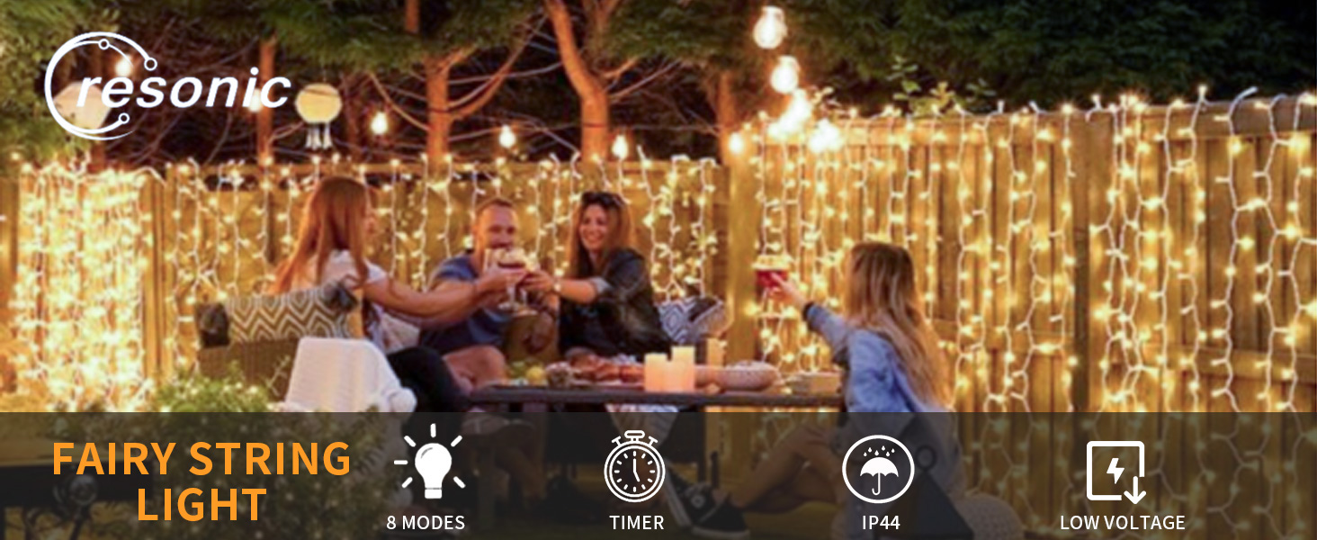 Гірлянда світлодіодна Gresonic 100/200/300/400 LED, струмопостачання від мережі, для внутрішнього та зовнішнього використання, тепле біле світло, 8 режимів, диммування, 100 LED